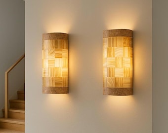 Luxury Onyx & Marble Wall Sconce Set – 15.7” x 6.3” x 3.5” Handmade Natural Stone Lighting for Living Room, Hallway Modern Home Décor