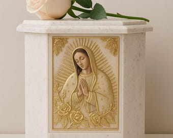 Virgen de Guadalupe marmorurna • 17 cm (7 tum) vuxenurna • Tillverkad i Mexiko • Katolskt minnesmärke, religiöst minnesmärke