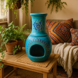高さ19インチの粘土製暖炉、小さなファイヤーピット、メキシコの陶器、青い暖炉、屋外煙突、ガーデンデコレーション