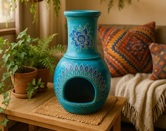 19” Tall clay Fireplace, Small Fire Pit, Mexican Pottery, blue fireplace Outdoor chimney, Garden Decor
