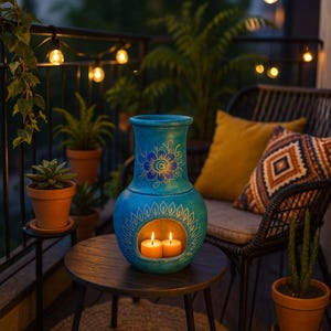 Puede incluir: Un portavelas de cerámica turquesa con un diseño floral y dos velas encendidas en su interior. El portavelas está sobre una pequeña mesa de madera en un balcón, rodeado de plantas y luces de cadena.