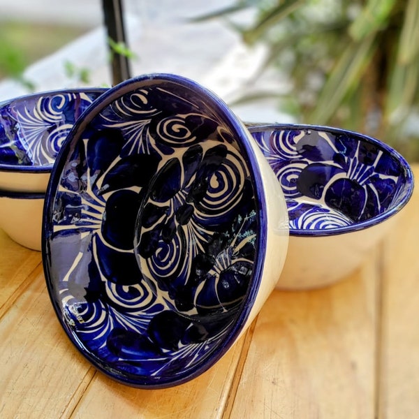 Handmade XL Blue Stew Bowl Set | Beautiful Mexican Pottery Pozole Ceramic Folk Art | 6-Piece Se