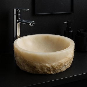 Onyx Stone Vessel Sink – Round Bathroom Vanity Basin, Natural Handcrafted Onyx Bowl, Luxury Countertop Washbasin for Modern & Rustic Decor