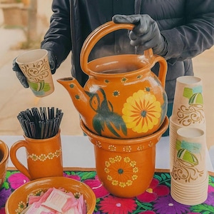 Handmade Mexican Clay Teapot with Warmer – Coffee Station for Weddings, Rustic Event Decor, Traditional Pottery Tea Set, buffet riser,