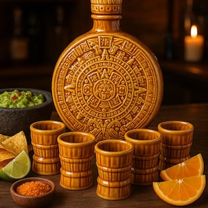 May include: A brown ceramic drinks set featuring a bottle with an Aztec calendar design and six shot glasses. The scene includes orange slices, lime, guacamole, and a small bowl of seasoning, all on a wooden surface.