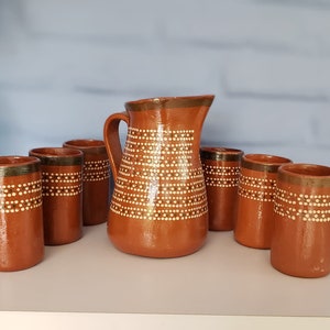 Mexican clay jug for hot and cold drinks, 6 tall clay glasses, improve your health natural water