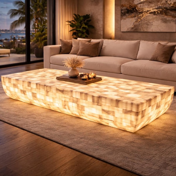 Backlit Onyx Coffee Table with LED – Luxury Modern Stone Living Room Table – Custom Illuminated Designer Furniture