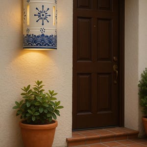 May include: A cylindrical outdoor wall sconce with a white base and blue floral patterns. The light fixture is mounted on a beige wall next to a dark brown door. A potted plant sits below the sconce on a terracotta tile floor.