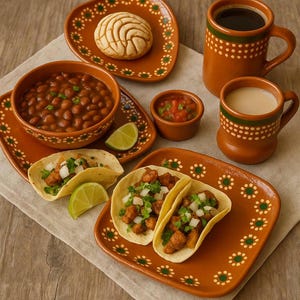 May include: A vibrant image of a Mexican meal featuring tacos, beans, salsa, and coffee. The food is served on terracotta plates and bowls with a floral design. A concha pastry and lime wedges complete the scene, evoking a warm, inviting atmosphere.