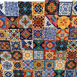 May include: A colorful mosaic tile pattern with various geometric shapes and floral designs in shades of blue, red, yellow, green, and white.