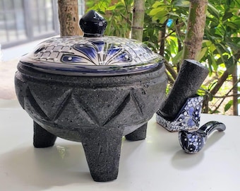 Handcrafted Volcanic Stone Molcajete with Blue Talavera Lid – Authentic Mexican Mortar with Spoon and Pestle Set