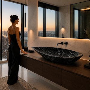 Handmade Black Marble Vessel Sink 35.4" x 17.7" | Extra Large Luxury Bathroom Basin | Sculptural Natural Stone Vanity Sink | One of a Kind