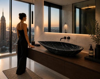 Lavabo da appoggio in marmo nero fatto a mano, 90 x 45 cm | Lavabo da bagno di lusso extra large | Lavabo scultoreo in pietra naturale | Pezzo unico