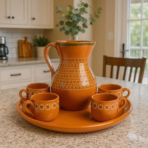 Puede incluir: Un juego de jarra y tazas a juego de color terracota sobre una bandeja. La jarra tiene un asa y está decorada con puntos blancos y verdes. Las tazas también tienen un patrón de puntos.