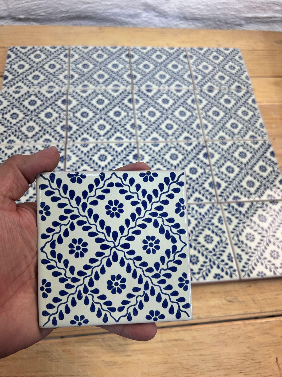 90 Talavera Tiles 4x4 – Mexican Blue and White Handpainted Ceramic