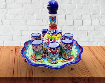 Talavera tequila set with shot and serving plate