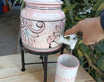 Talavera Ceramic Water Dispenser with Matching Cup – Pink & White Design, bedside carafe