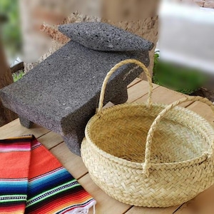 11 in Volcanic Stone Metate with Palm Basket | Made in Mexico | For Grinding Cocoa and Seeds