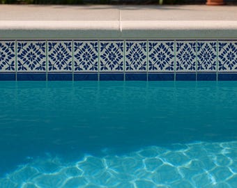 Ceramic Pool Waterline Tiles – 4x4 Blue and White Floral Border Tile – Spanish-Style Pool Accent