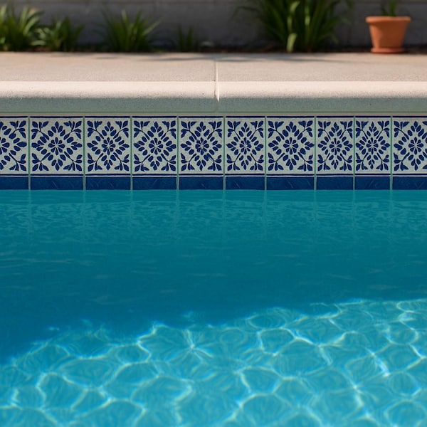 Ceramic Pool Waterline Tiles – 4x4 Blue and White Floral Border Tile – Spanish-Style Pool Accent