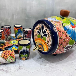 Talavera Tequila & Whiskey Barrel Gift Set – Hand-Painted Ceramic Barrel with Matching Shot Glasses Serving Plate – Unique Mexican Artisan