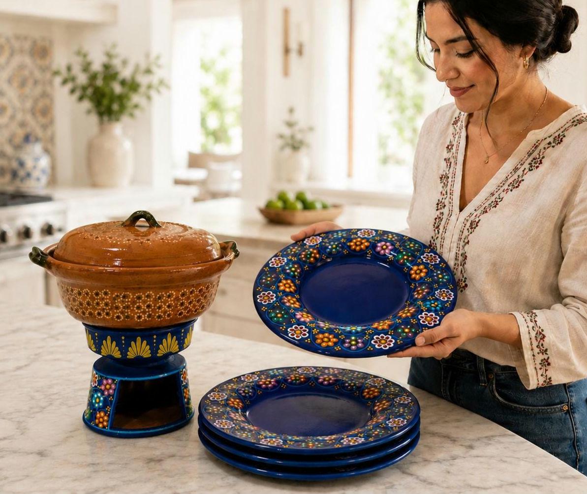工芸品 Mexico dish Authentic Mexican Clay Cazuela Set With Anafre & 4 Talavera Plates