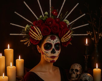 Red Rose Floral Crown with Golden Skeleton Hands & Sparkling Rays – Gothic Halo Headpiece for Festivals, Halloween Photoshoots