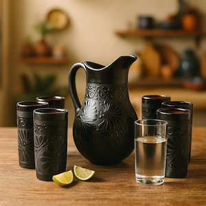Puede incluir: Una jarra de cerámica negra y vasos a juego con patrones florales en relieve. La jarra tiene un asa y un pico curvos. Los vasos son cilíndricos. Dos gajos de lima están sobre una superficie de madera. Un vaso de agua está en primer plano.