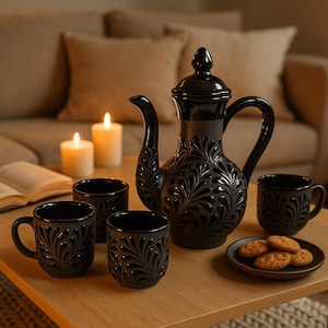 May include: A black ceramic tea set with a decorative leaf pattern. The set includes a teapot, four mugs, and a small plate with cookies. The teapot has a tall, slender design with a lid and a curved spout.