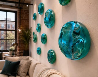 Set di opere d'arte da parete in vetro soffiato a mano – Scultura da parete in vetro blu acquamarina | Installazione murale costiera semitrasparente | Arredamento moderno di lusso per la casa | Hanno