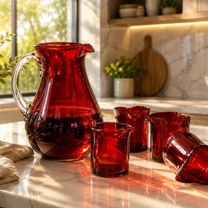 Puede incluir: Una jarra de cristal grande de color rojo intenso con asa transparente, acompañada de cuatro vasos de cristal rojos a juego. Cada vaso presenta un diseño distintivo de borde en forma de corazón. El conjunto es de cristal rojo translúcido.