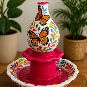 Puede incluir: Una fuente decorativa con una parte superior blanca en forma de lágrima adornada con ilustraciones de mariposas naranjas y patrones de hojas coloridas. La fuente tiene una base rosa brillante y un cuenco a juego con un diseño floral. El agua fluye desde la parte superior hacia el cuenco.