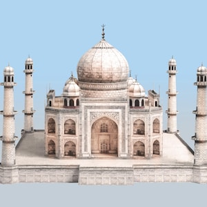 May include: A detailed illustration of the Taj Mahal, a white marble mausoleum. The image shows the central dome, minarets, and intricate architectural details against a light blue sky. The structure is a symbol of love and a popular travel destination.