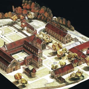 Puede incluir: Ilustración arquitectónica de un complejo de edificios con tejados rojos y paredes color canela, rodeado de un jardín con árboles. Los edificios están dispuestos alrededor de un patio central, con una representación detallada de las estructuras.