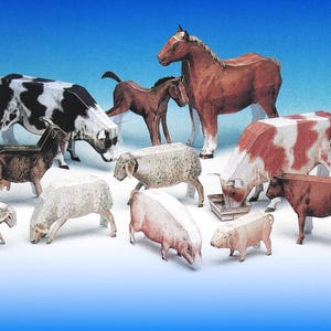 May include: A collection of paper farm animal models, including cows, horses, sheep, goats, and pigs. The animals are in various poses, some grazing and others standing. The color palette includes brown, white, black, and pink.