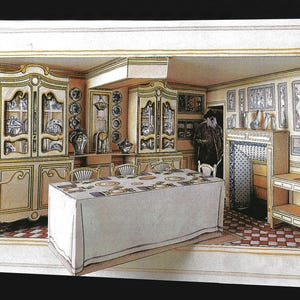 Op de afbeelding: Gedetailleerde illustratie van een eetkamer. De kamer heeft sierlijke kasten, een lange tafel gedekt voor een maaltijd en ingelijste kunstwerken aan de muren. Het kleurenpalet omvat crème, goud en vleugjes blauw.