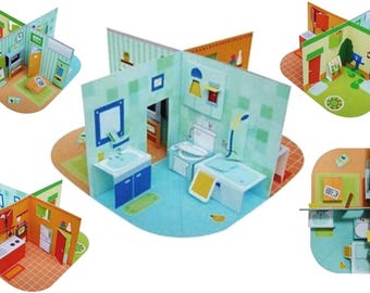 PaperCraft kit Doll house miniature 3d paper model colored texture crafting PDF plans DIY paper craft template
