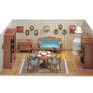 Kit de manualidades de papel: Comedor de casa de muñecas, kit de manualidades en miniatura de papel 3D, planos en PDF con texturas de colores para crear plantillas de manualidades de papel para tu afición.