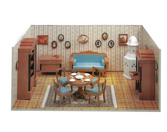 PaperCraft kit Dollhouse Dining Room miniature 3d paper model crafting PDF plans DIY template