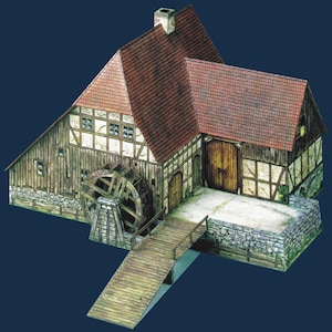 May include: A detailed illustration of a water mill with a red-tiled roof, wooden walls, and a water wheel. The mill features a wooden bridge leading to the entrance and is set against a dark blue background. The building has a stone foundation.