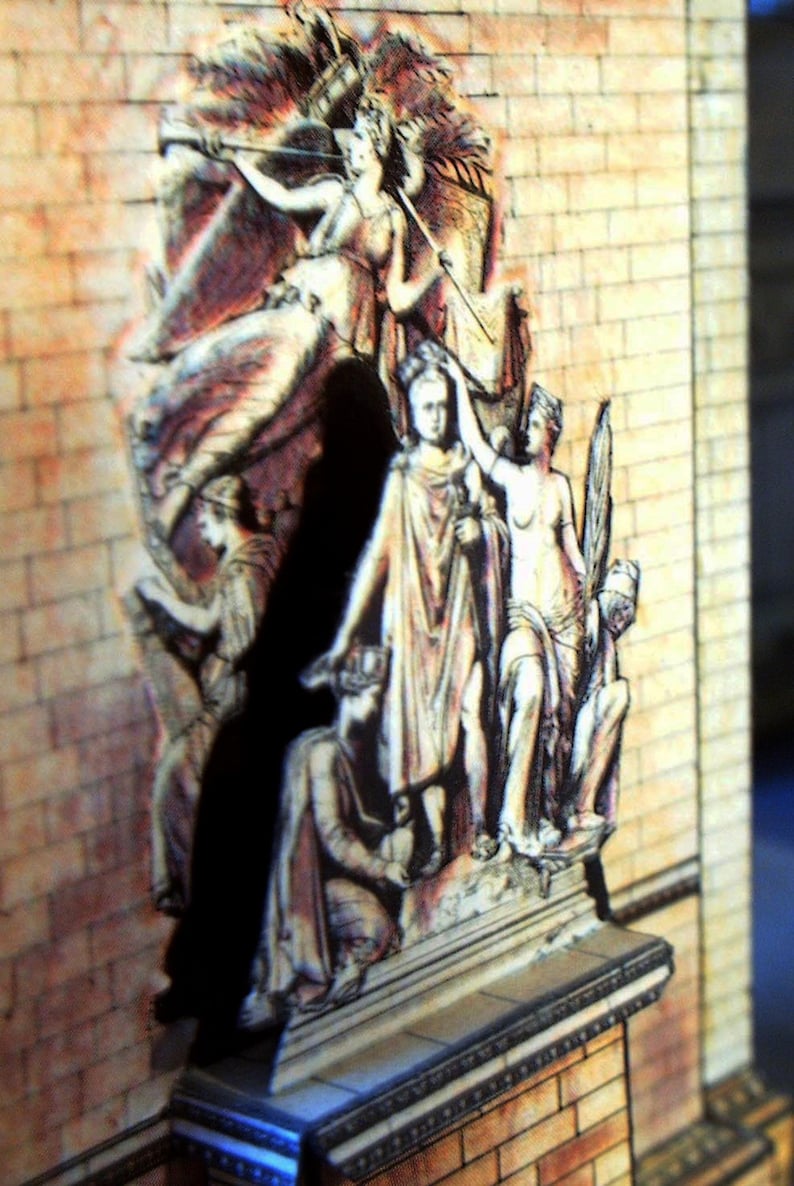 May include: A detailed relief sculpture depicting classical figures, set against a brick wall background. The artwork features multiple figures in draped garments, with a central figure holding a staff. The color palette includes beige, brown, and hints of red.