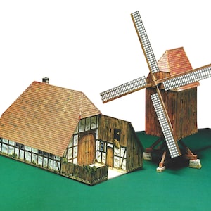 Kit de PaperCraft: Casa de granja con molino de viento, miniatura de papel 3D, kit de manualidades, planos en PDF con texturas de colores para manualidades de papel DIY, diversión y pasatiempo.