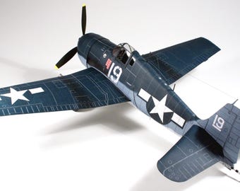 May include: A blue and white model airplane with the number "19" on the side. The airplane has a star on the tail and a star on the wing.
