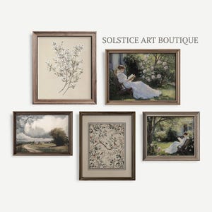 May include: A collection of five framed art prints featuring nature scenes. The prints include a floral design, a woman reading in a garden, a landscape with a road, a floral pattern with birds, and a woman reading in a garden.
