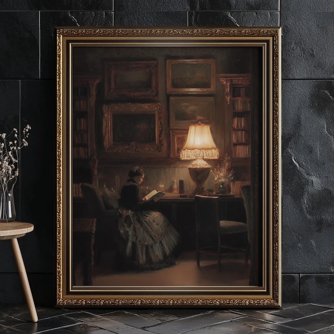 Vintage Painting of Woman Reading Book | Moody Antique Portrait ...