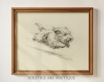 May include: A framed charcoal-style sketch of a small, fluffy dog running, set against a cream-colored background. The artwork is enclosed in a medium-toned wooden frame. The text SOLSTICE ART BOUTIQUE is printed in black at the bottom center.