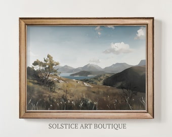 Muted Green Tonal Countryside Lake Landscape Vintage Painting | Warm Tones | PRINTABLE Digital Wall Art