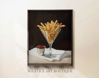 Batatas fritas retrô em uma taça de Martini | Pintura vintage de batatas fritas | Download digital | Impressão de batatas fritas elegantes | Deliciosa arte de parede para decoração de cozinha