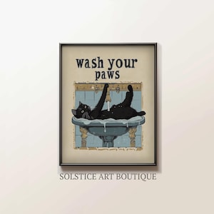 Pôster Vintage Black Cat Wash Your Paws Bathroom Print | Arte de parede vintage | Banheiro engraçado | Decoração de casa antiga | Arte Cottagecore