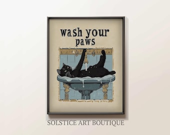 Vintage Black Cat Wash Your Paws Poster Bathroom Print | Vintage Wall Art | Funny Toilet Restroom | Antique Home Decor | Cottagecore Art